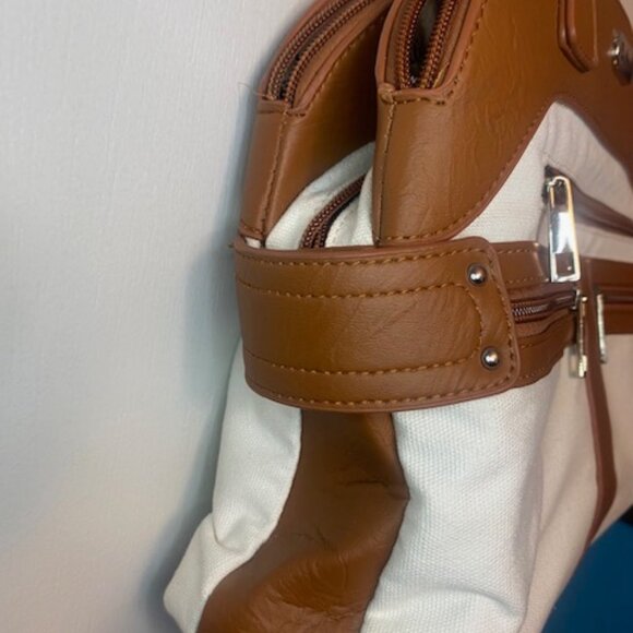 B Amici Amelia White Canvas & Tan Trimming Satchel Shoulder Bag - Picture 7 of 16